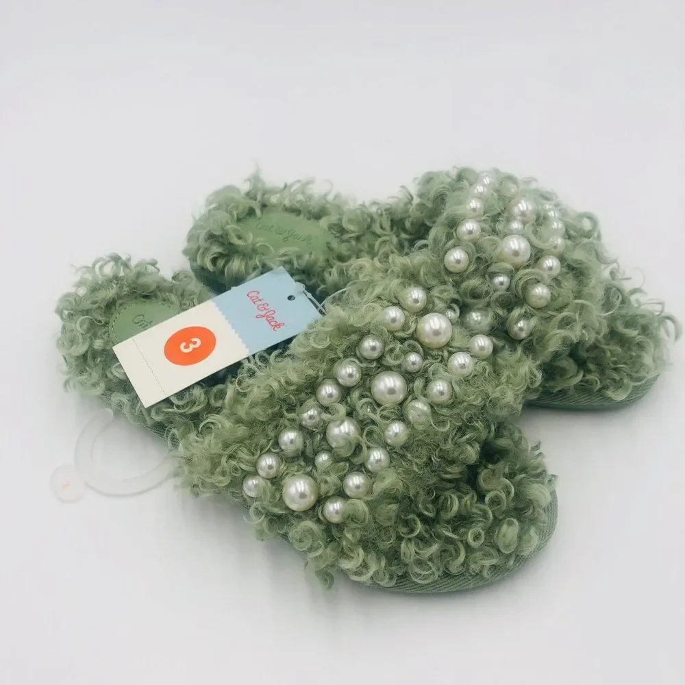 Cat and Jack‎ Girls Size 3 Fuzzy Slippers Green Faux Fur Pearls Slides